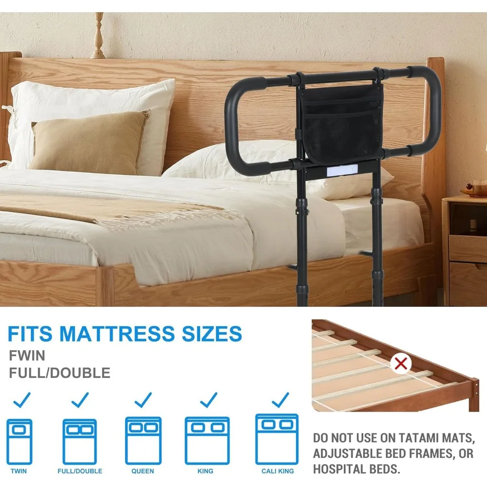 Elderly Bed Safety Rail with Motion Sensor Light, Adjustable Height & Storage Pocket for All Bed Sizes