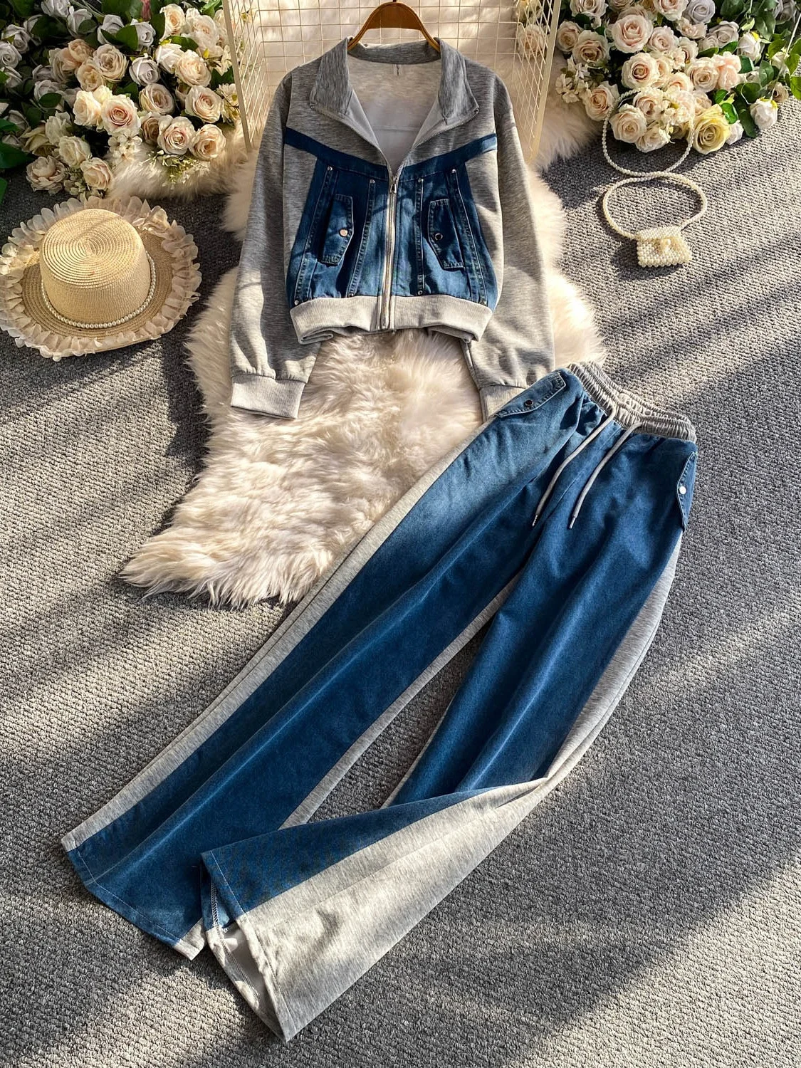 Retro Patchwork Denim Jacket High Waist Slimming Wide Leg Pants Two Piece Set Zipper Stand Collar Casual Belted Women's Fashion