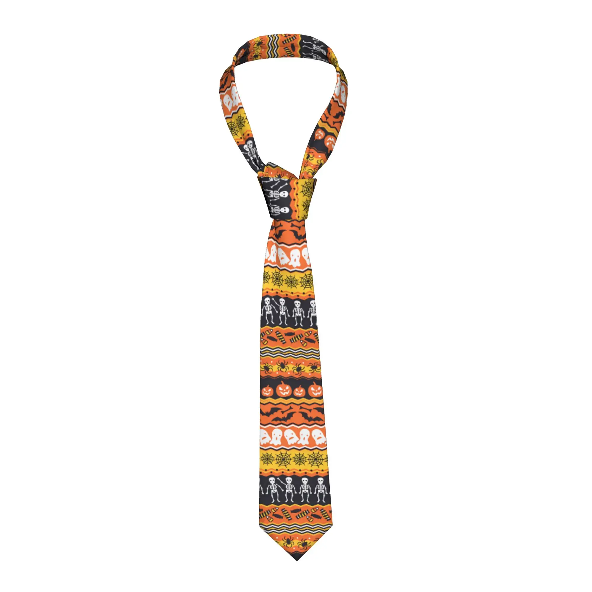 Halloween Skeleton Ghost Pumpkin Bat Spider Striped Border Seamless Pattern Tie  Design Neck Ties Cool Fashion Collar Tie Unisex