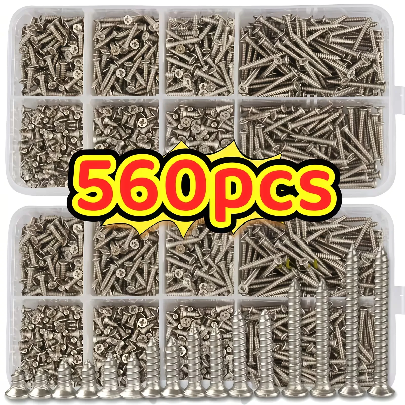 Set of 560 Self‑Tapping Wood Screws, M2 Metal Cross Flat‑Head Screws with Screwdriver Bit for Cabinets and Wooden Boards