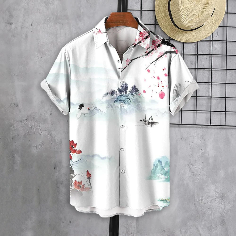 Camisas masculinas com estampa em estilo chinês, camisa de moda vintage casual, blusa manga curta, roupa de homem, verão