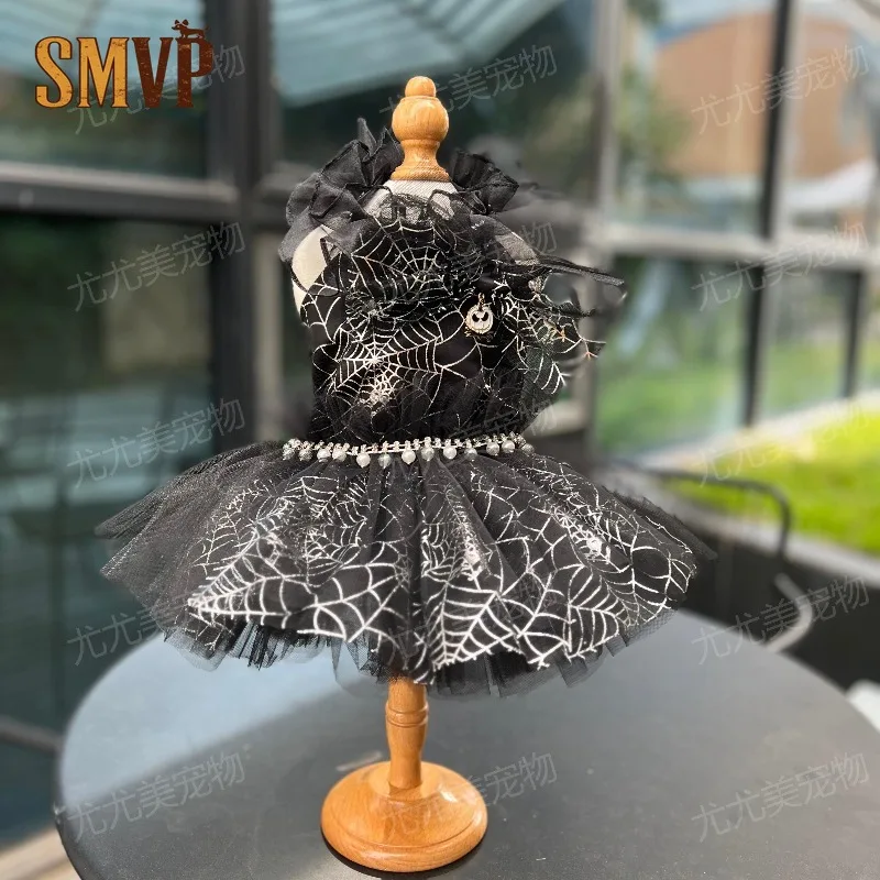 Gothic Pet Halloween Dress Silver Spider Web Pattern Layered Tulle Tutu Dress Beaded Waist Decor Fancy Custom Clothes for Pets