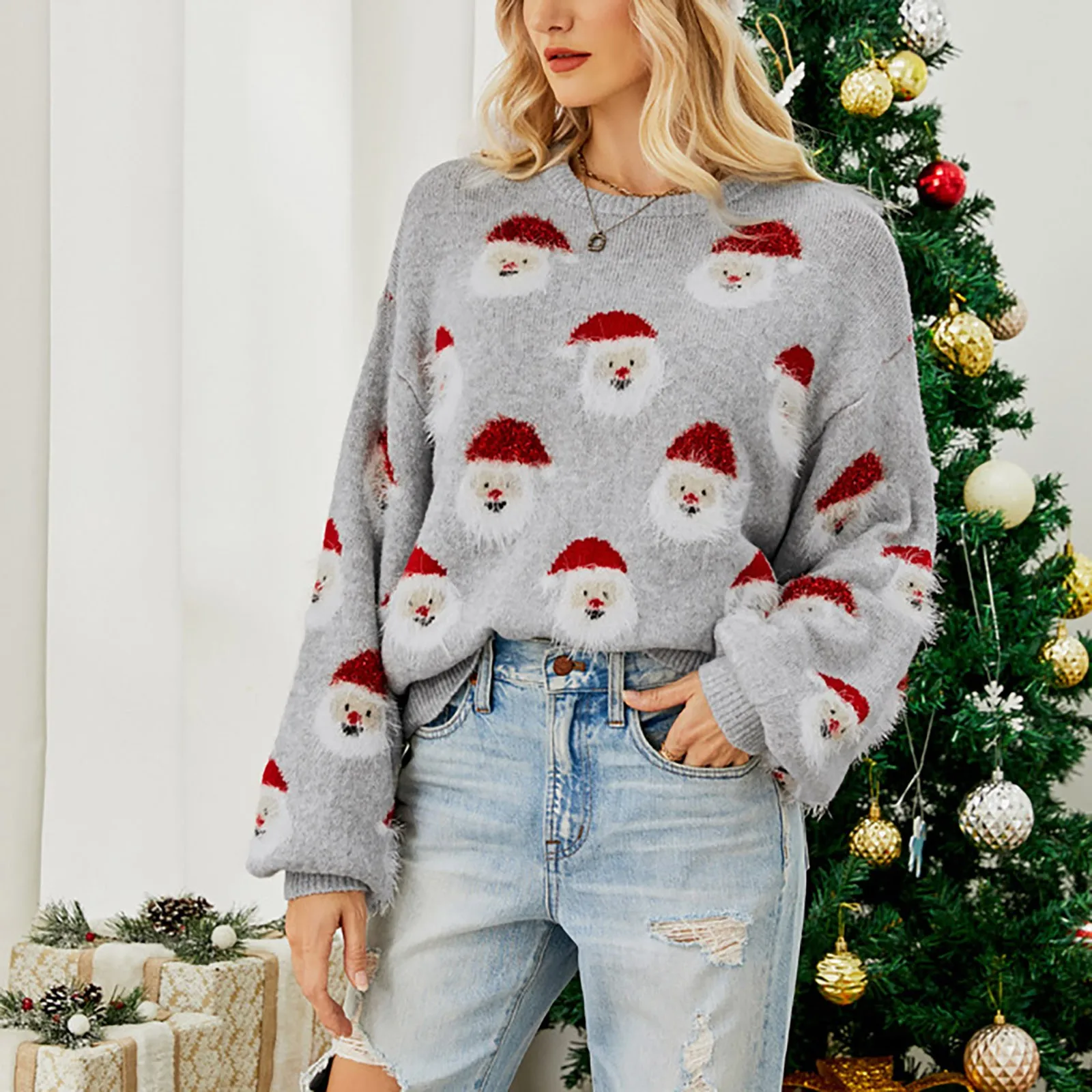 Women Christmas Knitted Sweater Santa Claus Print Pullovers Kawaii Graphic Cartoon Sweaters Y2k Aesthetic Crew Neck Knit Tops