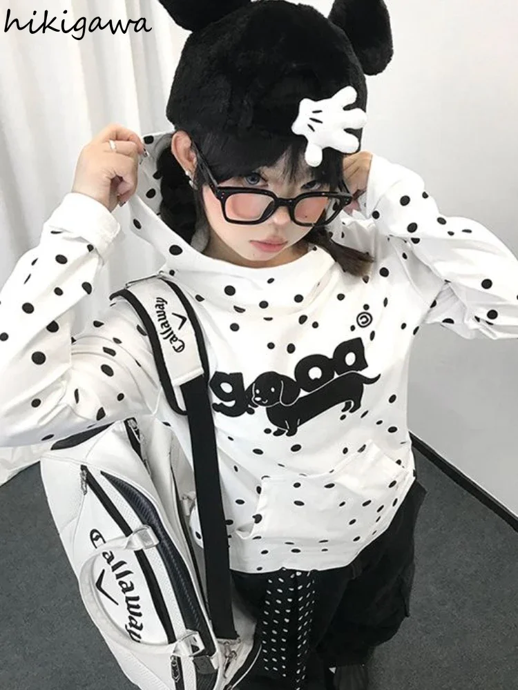 Polka Dot Dog Print Hoodies for Women Long Sleeve Hooded Y2k Tops 2024 Ropa Mujer Fashion Casual Sweatshirts Oversized Hoodie