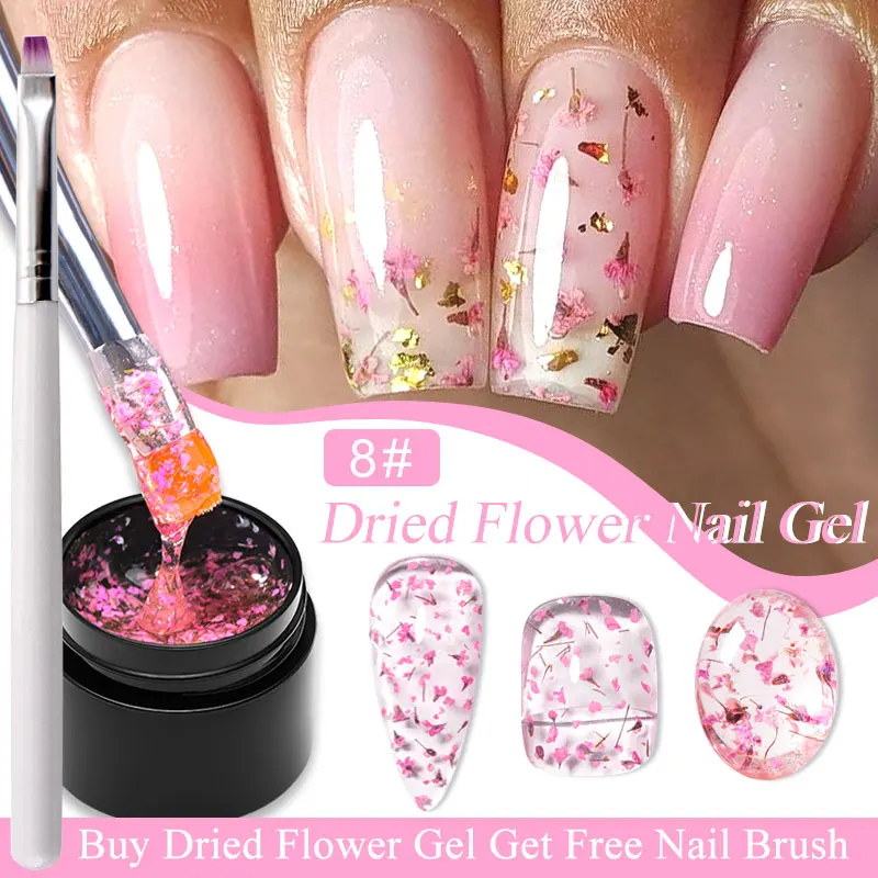 MEET ACROSS 핑크 말린 꽃 젤 네일 광택제, 브러시 포함, 자연 꽃 요정 네일 아트 젤, UV LED 페인팅 바니시, 5ml