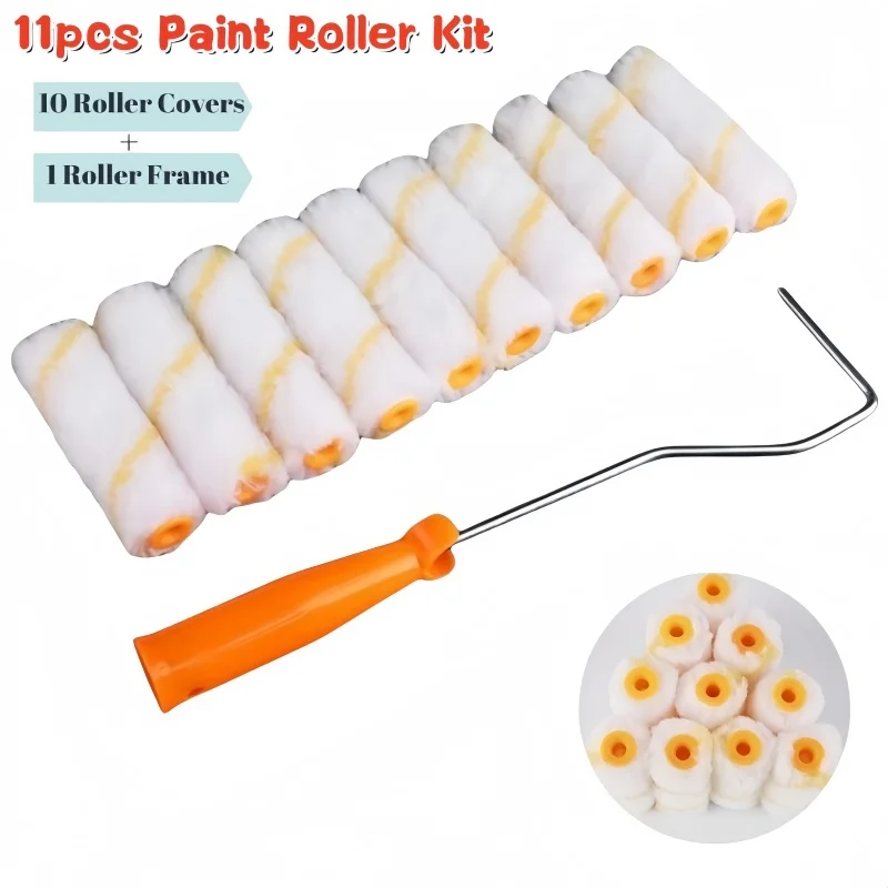 11pcs Paint Roller Kit,4 inch Paint Roller with 10 Covers&Paint Roller Frame Small Paint Roller Mini Rollers Wall Painting Tool