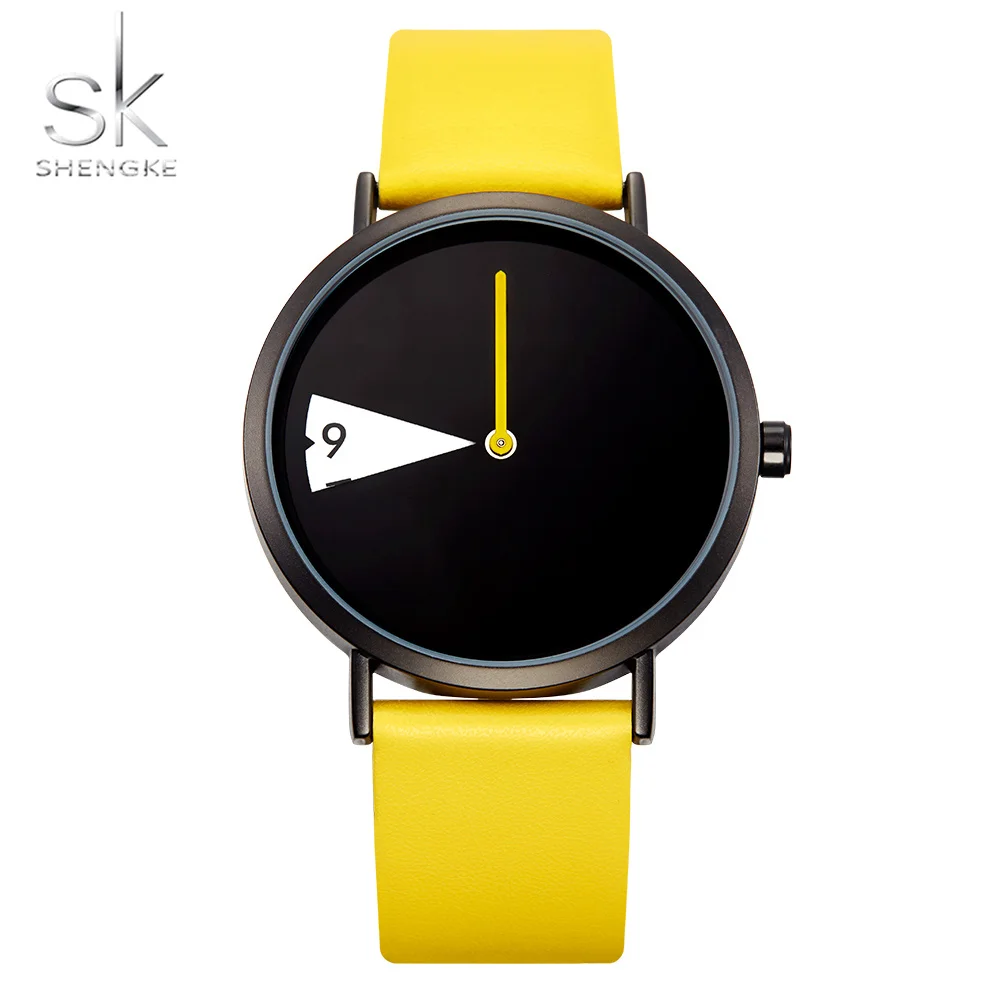 Shengke Hot Women Watch Creative Wristwatch Ladies Watch Rotate Yellow Leather Band Wristwatches Clock Montres Femme Reloj Mujer