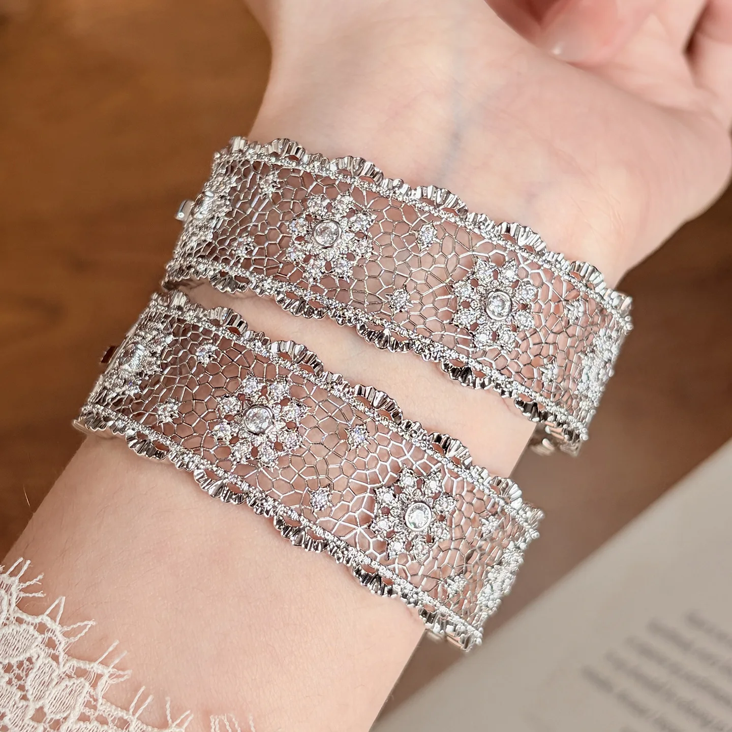 Vintage French Heavy Craft Hollow Lace Bangle Fine Jewelry 925 Sterling Silver Daily Luxury Statement Bracelet For Women