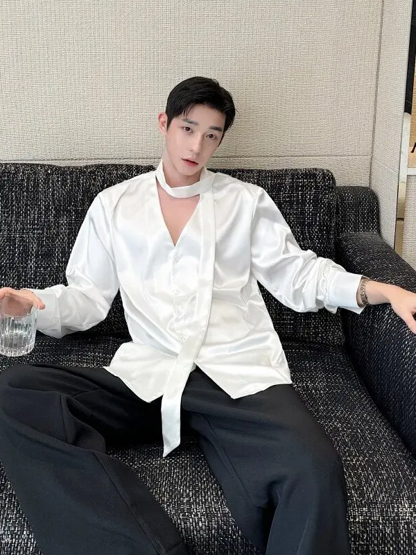 

Trendy Long Sve Satin irt Men's Loose V-Ne Stage Aosphere Luxury Tie irt Wedding Dance Banquet Daily Commute