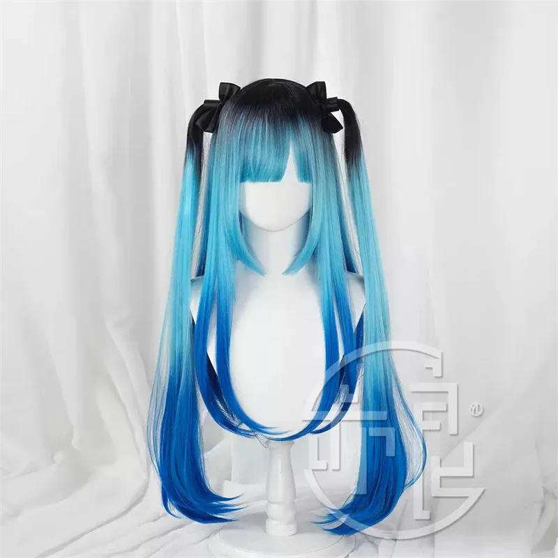 المائة خط دارومي Amemiya شعر مستعار تأثيري طويل أزرق أسود مزدوج ذيل حصان الشعر آخر الدفاع أكاديمية حفلة الهالوين للنساء