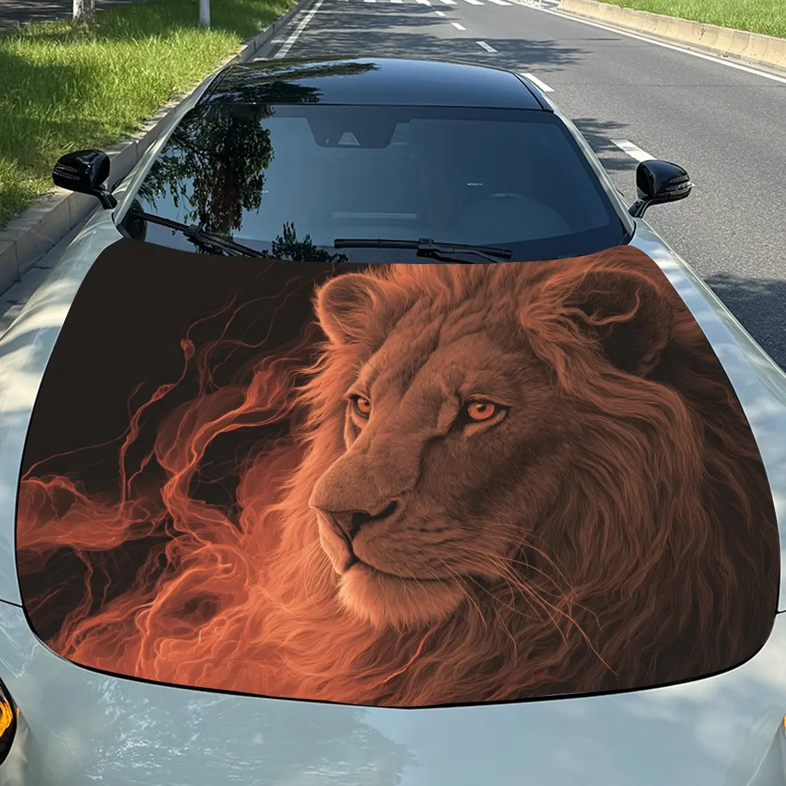 Car Decals Lion with a Striking, Blazing - Themed Artistic Look, Showing a Dignified and Powerful Presence Car Hood Sticker, Wat