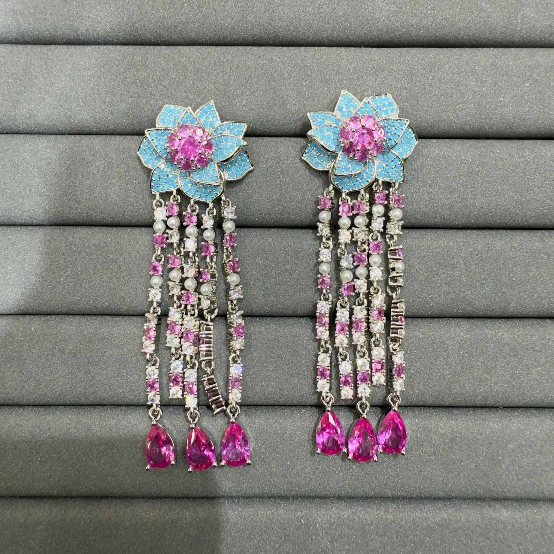 Gorgeous cubic zirconia flower earrings for women sweet jewelry gala event party chain dangling earrings pink blue yellow fushia