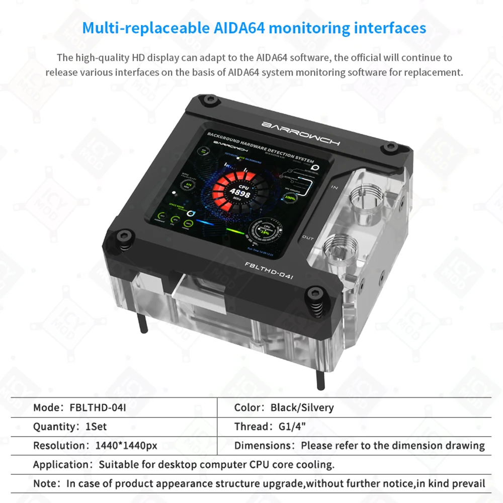 Barrowch Intelligent CPU Water-cooled Block with Detection Screen HDMI Interface Suitable for 115X/X99/X299/1700/AM3/AM4/FM2