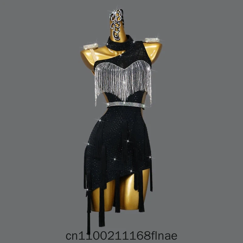 2026 New Latin Dance Performance Dress Competition Dress Professional Dance Stage Tassel Advanced Black Flower Dress Art Exam