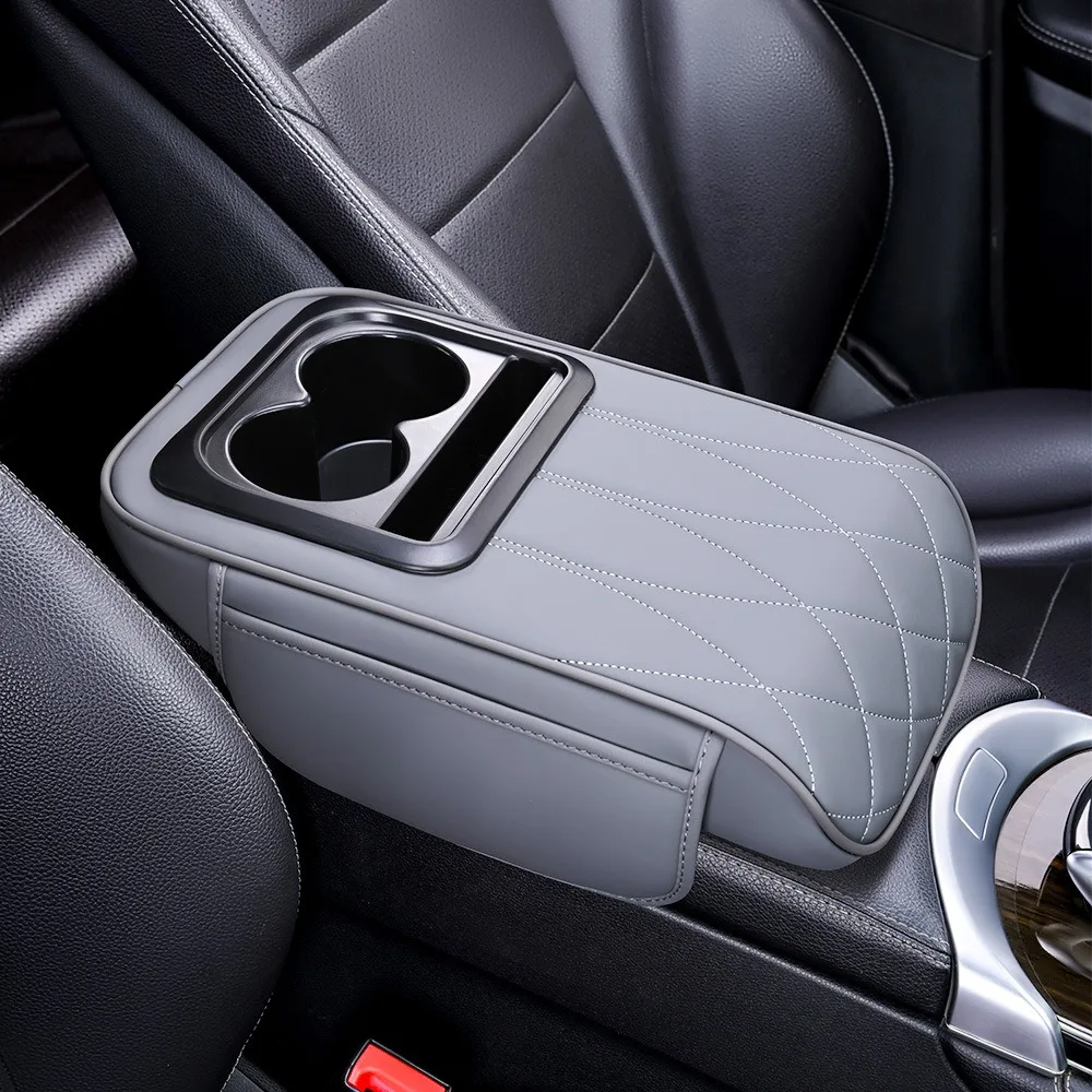 

Center Console Armrest Cushion Multifunctional PU Leather Car Armrest Pillow with Cup Holder Height Increasing Part & Accessorie