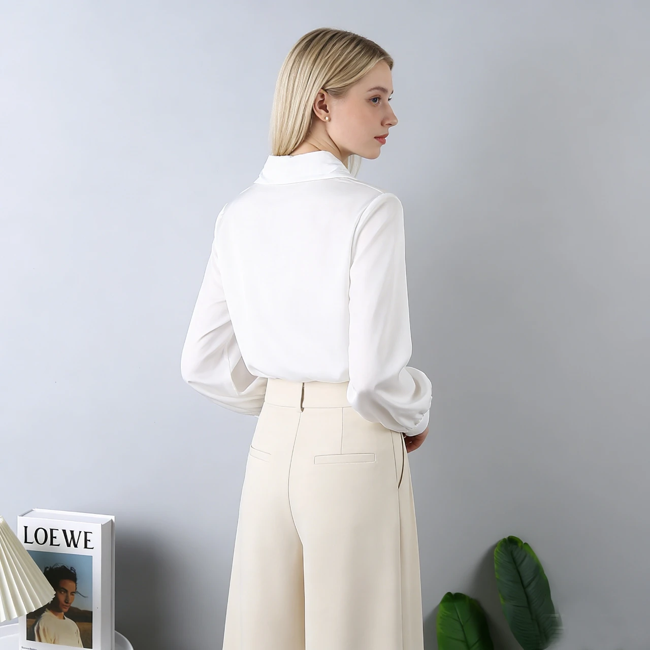 Women's White Satin Shirts Long Sleeve Large Collar V-Neck Button Up Regular Fit Elegant Trendy Ladies Work Wear Female Clothing