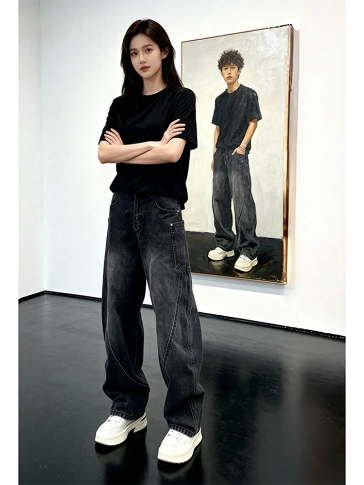 

Black Slanted Cut Knife Jeans Men's Spring American Cool Slim Straight Leg Micro Flared Pants Casual Wear Comfortable Fit