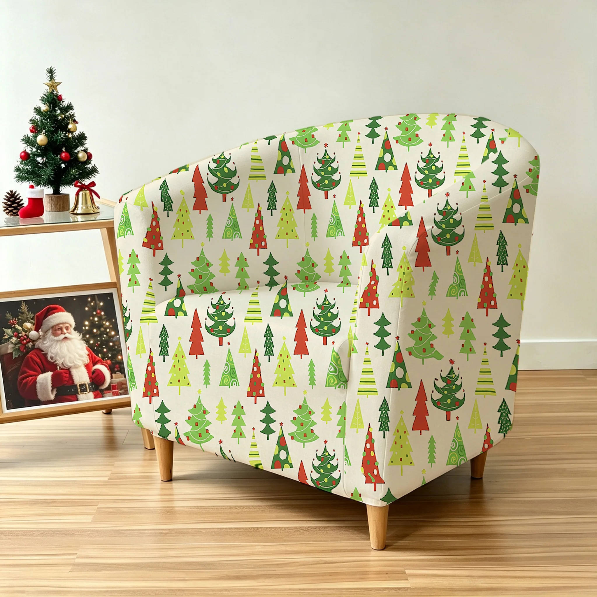 Bright Christmas trees seamless green polka dot pines printed armrest sofa cover, 2D printed elastic single club sofa cover