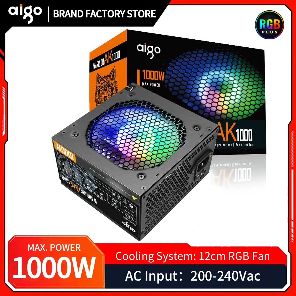 Aigo AK PC PSU 전원 공급 장치, 1000W 경쟁 게임 게이머 RGB 120mm 선풍기 220V ATX 데스크탑 컴퓨터 전원 공급 장치, BTC PC 게이머용 