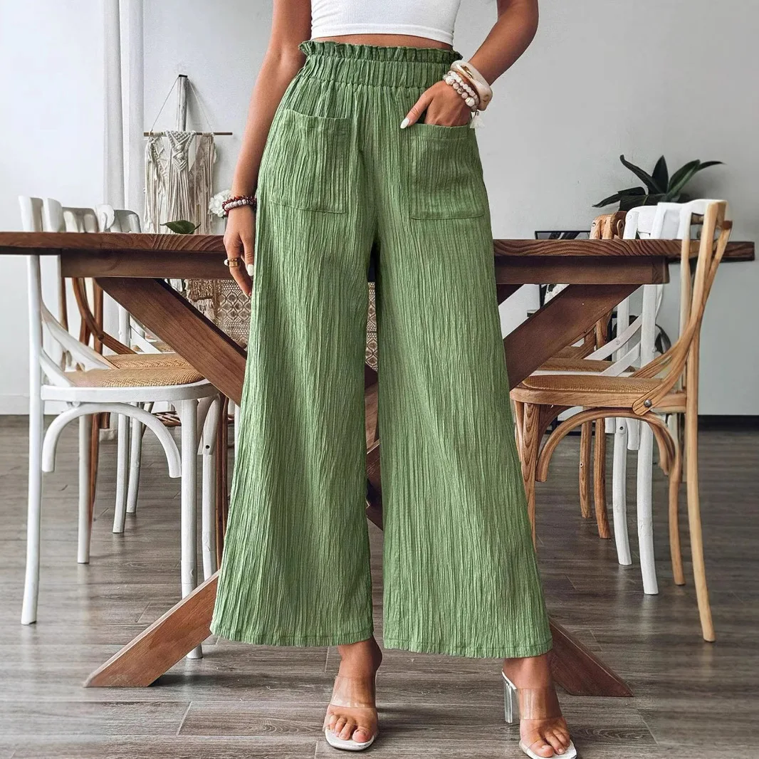 Women Casual Wide Leg Pants High Waist Elastic Waist Textured Palazzo Trousers with Pockets Summer Solid Color Loose Fit Pants