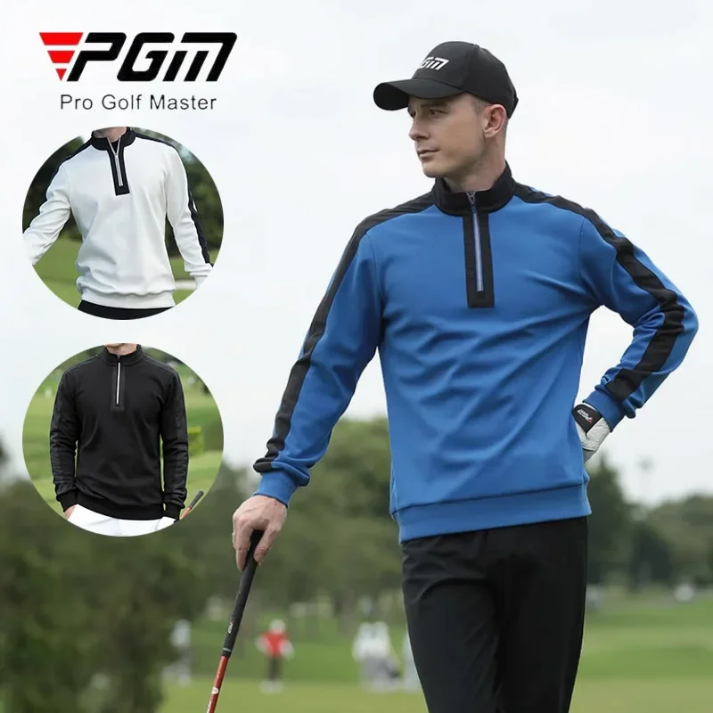 

PGM Winter Men Golf T-shirt Male Keep Warm Fleece Shirt Men Zipper Stand Collar Tops Patchwork Long Sleeve Sport Golf Pullover