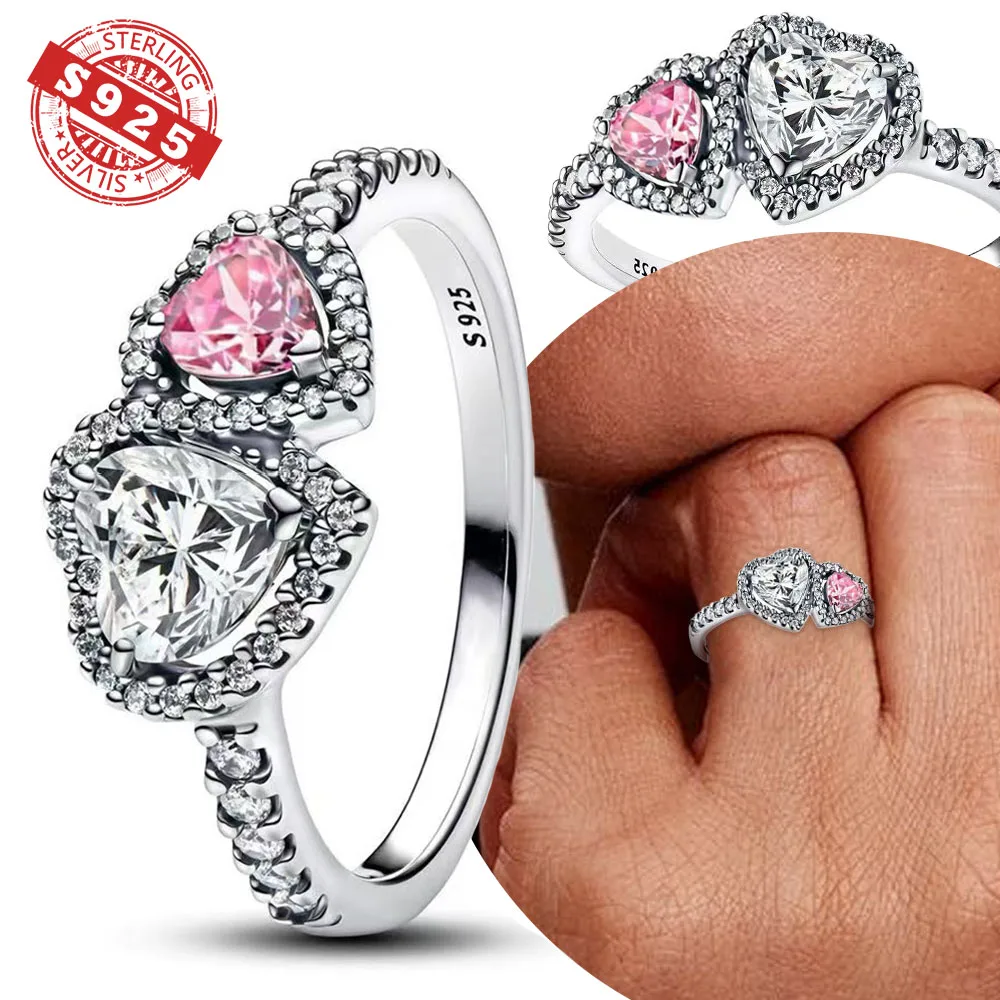 925 Silver Valentine's Day Ring Sparkling Pink Zircon Double Love Ring Original Finger Wedding Ring DIY Women Fine Jewelry Gift