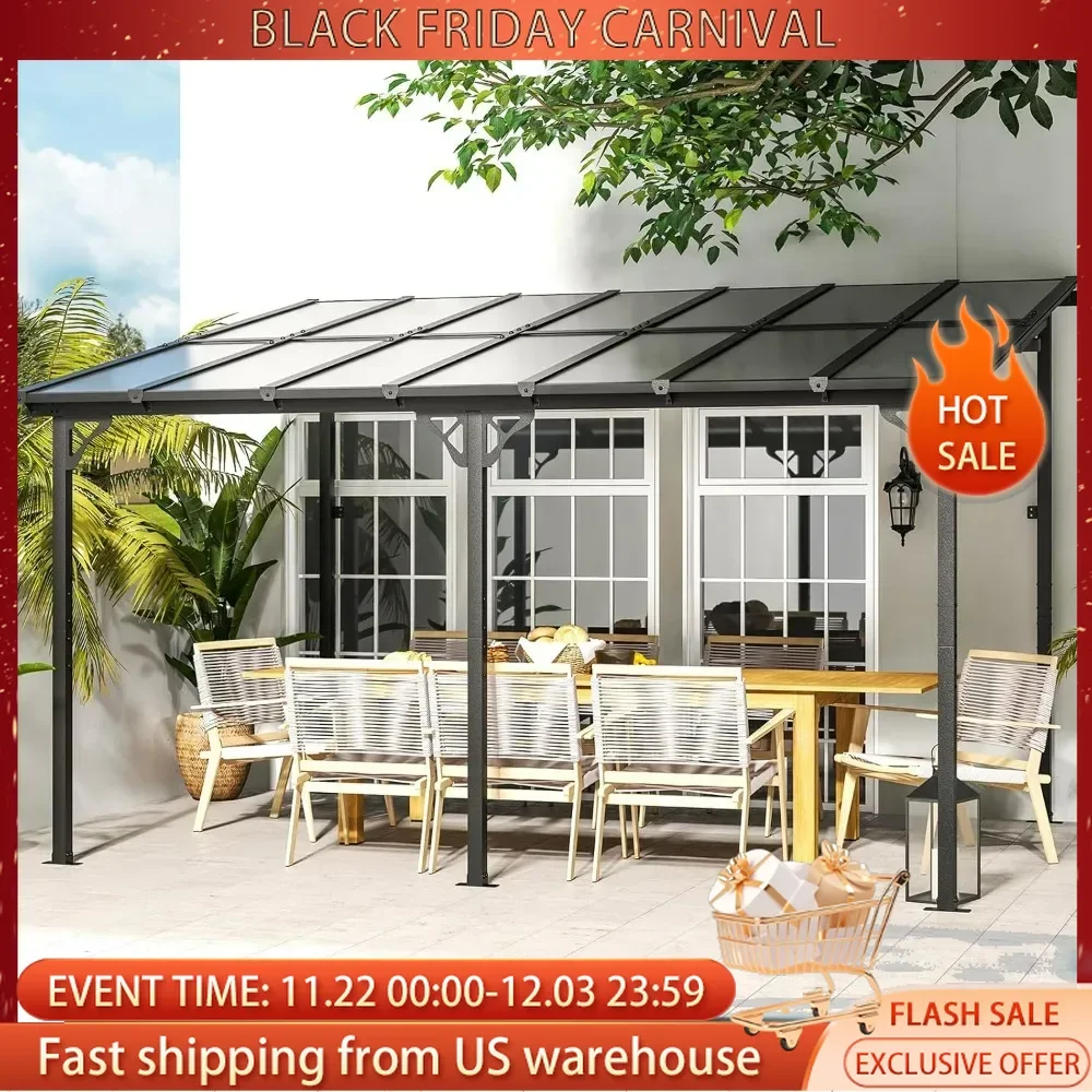 10' x 14' Gazebo for Patio, Modern Gazebo Pergola with Sloped Roof for Backyard, Patio, Large Wall-Mounted Heavy Duty Awnings