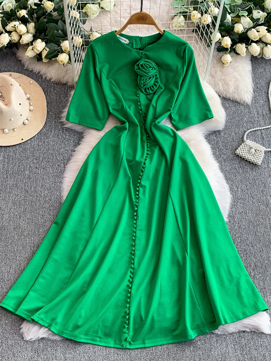 Ele round Ne Dr Women's Autumn Winter Single Button Slimming Full Skirt Long Dr French Sle High Waist A-Line Sk...