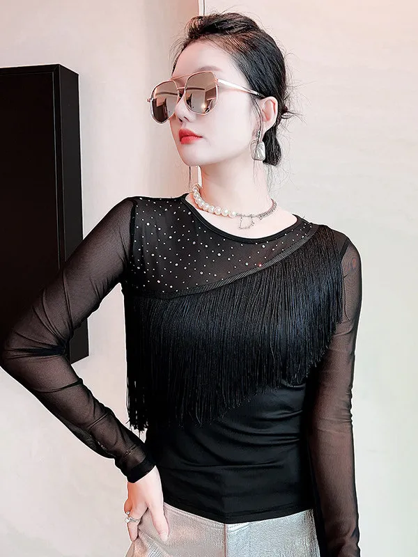 Slimming Mesh Splice Long Sleeve round Neck Base Shirt Fashionable Autumn Winter New Women's T-shirt Casual Style Universal Fit