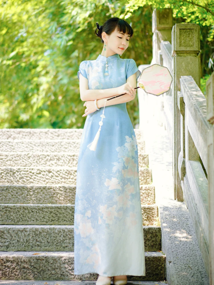

Summer New Dr Flower 25 adient Color Silk Chiffon Dr High Waist ort Sve Long Skirt Traditional Chinese...