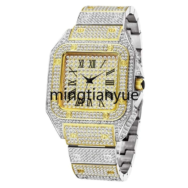 

Europe, America, gold Rome, high-end hip-hop studded square men's watches fashion quartz watches.