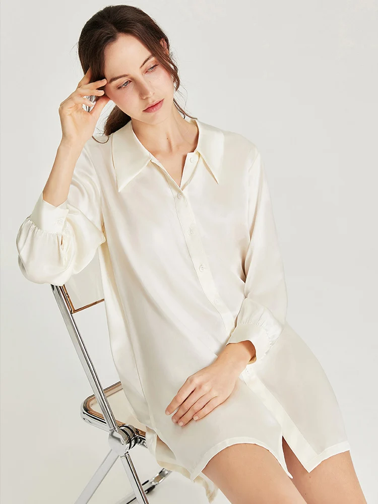 SuyaDream Women Solid Shirts, 19mm 100%Real Silk, Turn Down Collar Long Blouses, 2024 Spring Summer, Casual Mini Dress