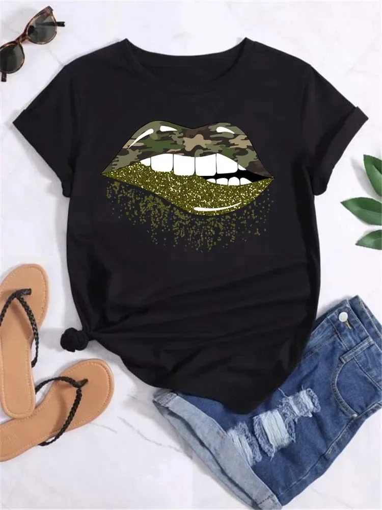 T-shirt for Women Fashion Leopard Print Lip T Shirt Summer Funny Kiss Lips T-shirts Short Sleeve Clothes Woman Clothing