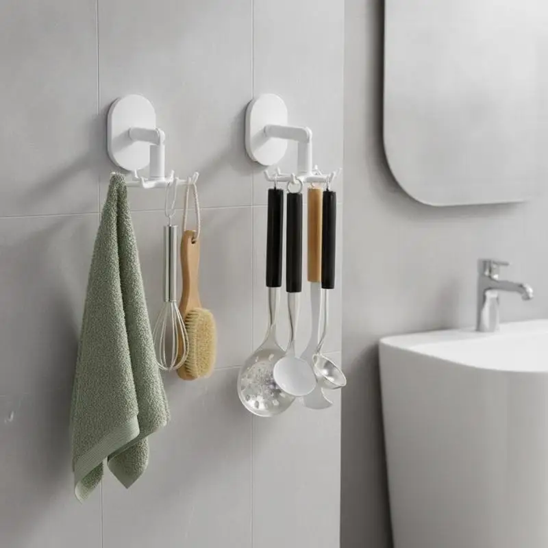 No-Drill Rotating Kitchen Hook Six-Claw Wall Mounted Hanger Easy to Remove for Spatula Utensils Home Storage