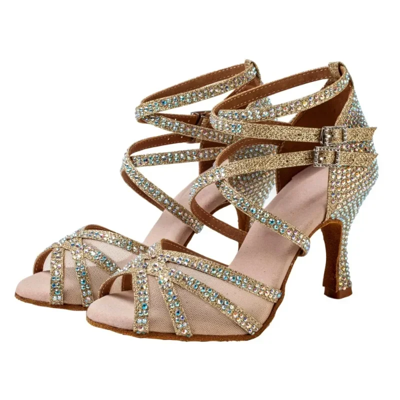 Rhinestone Women Latin Dance Shoes Latin Salsa Girl Dancing Shoes Black Shiny Ballroom Dance Shoes For Girls Ladies