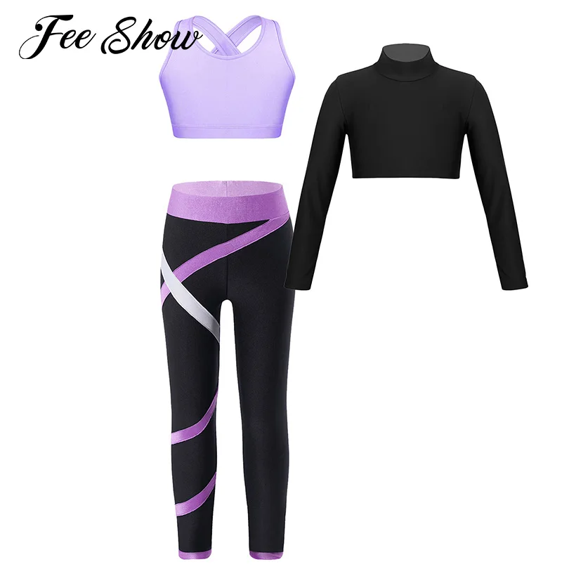 

Kids Girls Yoga Sets Sports Running Outfits Long Sleeve Crop Top with Bra Top+Colorblock Leggings Gymnastics Fitness Tracksuits