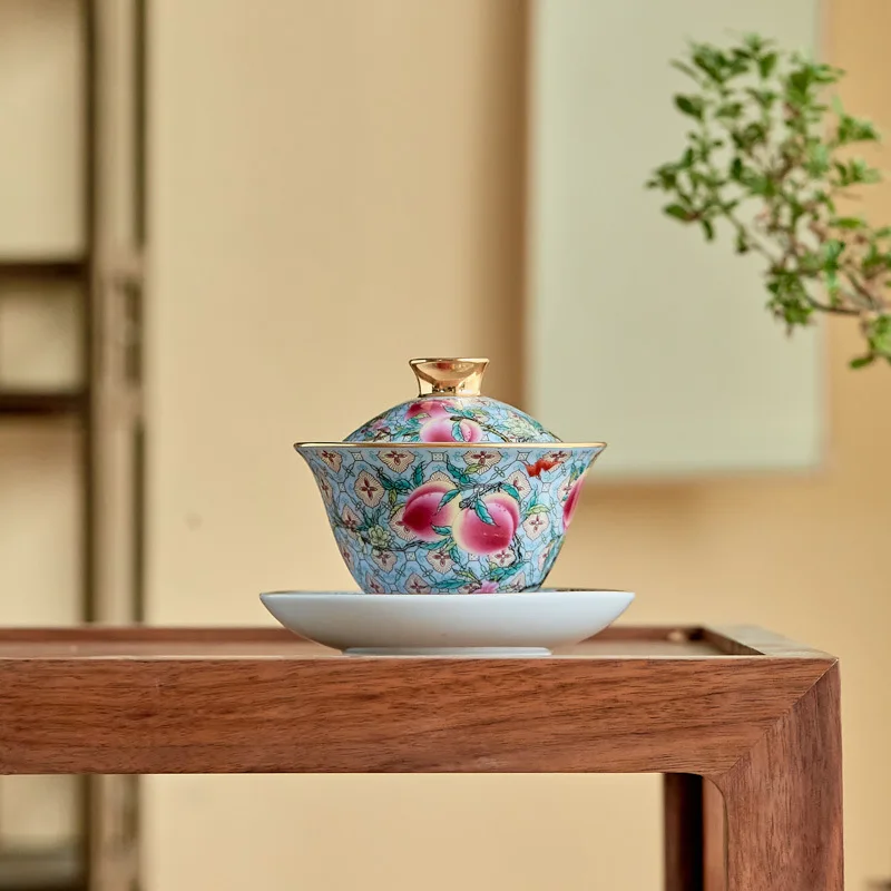 

Enamel Color Longevity Peach Porcelain Gaiwan Jingdezhen Chinese Retro Birthday Pot Fruit Plate Single Cover Bowl
