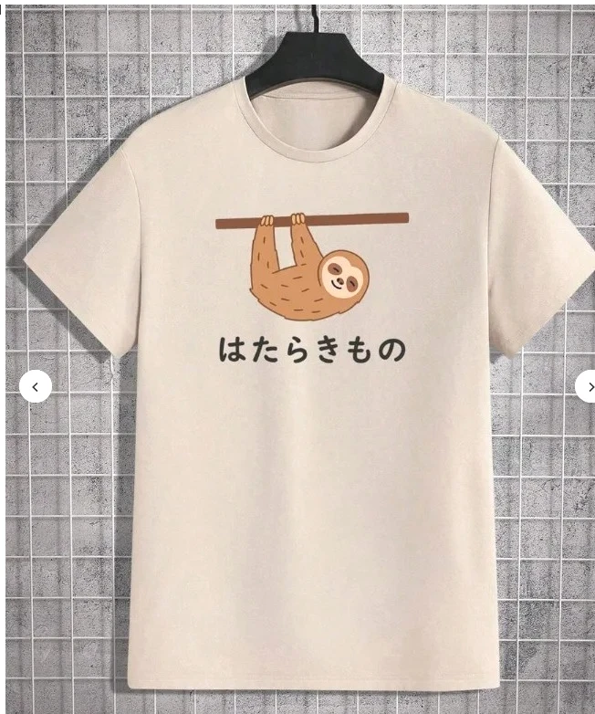 Sloth Pattern and Japanese Pattern Black T-Shirt Women's New Summer Casual Crew Neck Short Sleeve T-Shirt Casual Cartoon Top Y2K