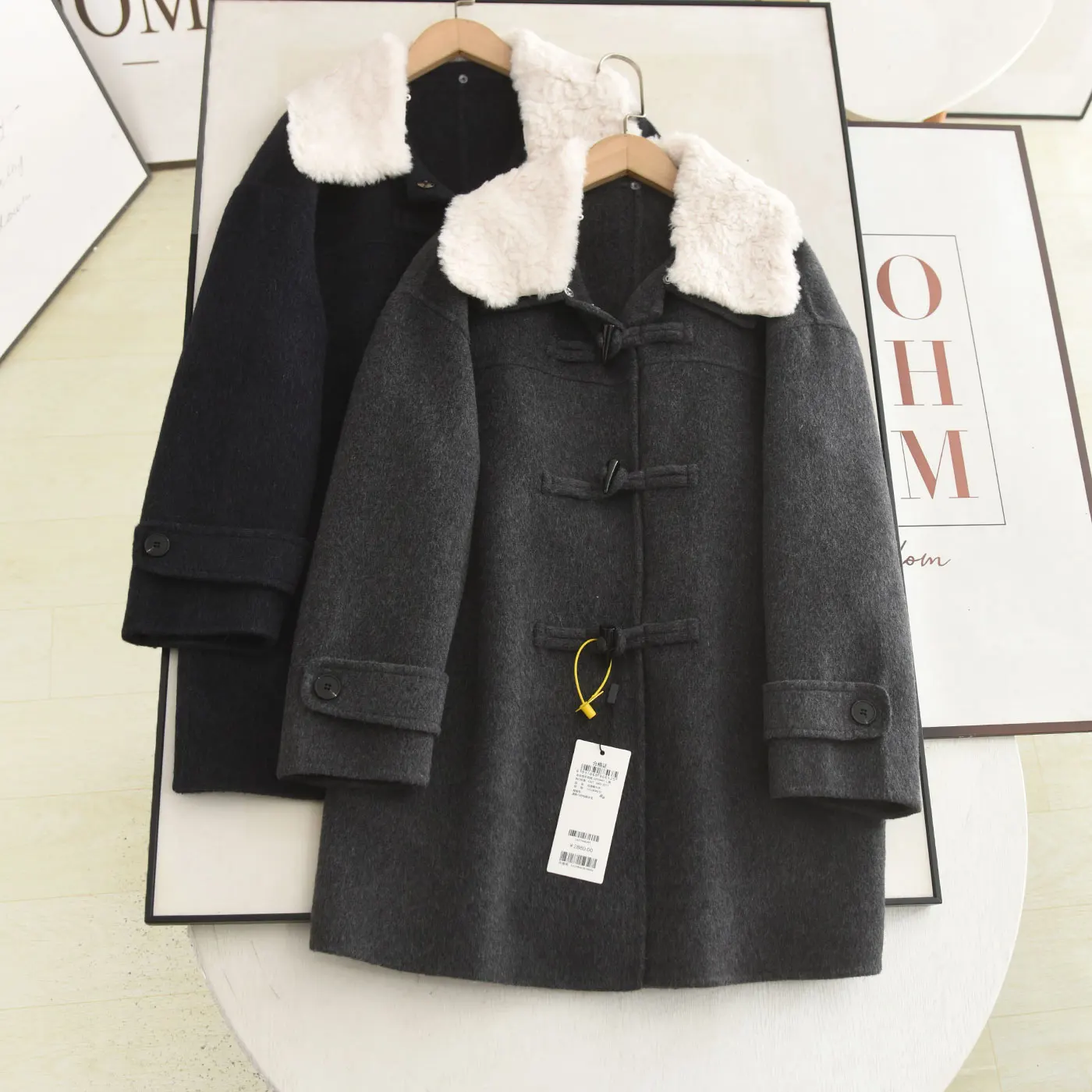 Vintage Toggle-button Detachable Square-neck Gray Wool-blend Coat Harajuku Casual Preppy Niche Women's Winter Trendy Outerwear