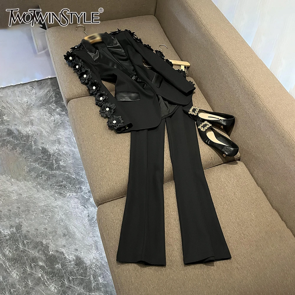

TWOTWINSTYLE Elegant Two Piece Sets For Women Lapel Long Sleeve Spliced Appliques Top High Waist Pants Chic Set Female KSE506346