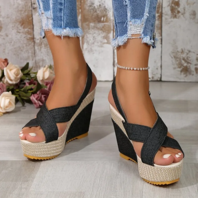 Sandals Women's Peep Toe Slingback Denim Wedge Shoes Ankle Buckle Wedges Sandals for Women Summer Denim Sandalias Mujer