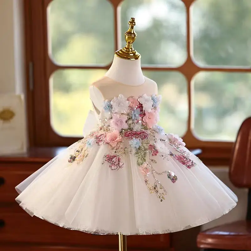 Dreamy Vow Charming White Baby Girl Dress Floral Embroidered Tulle Bow for Kids Holiday 1st Birthday Party Short Ball Gown J404