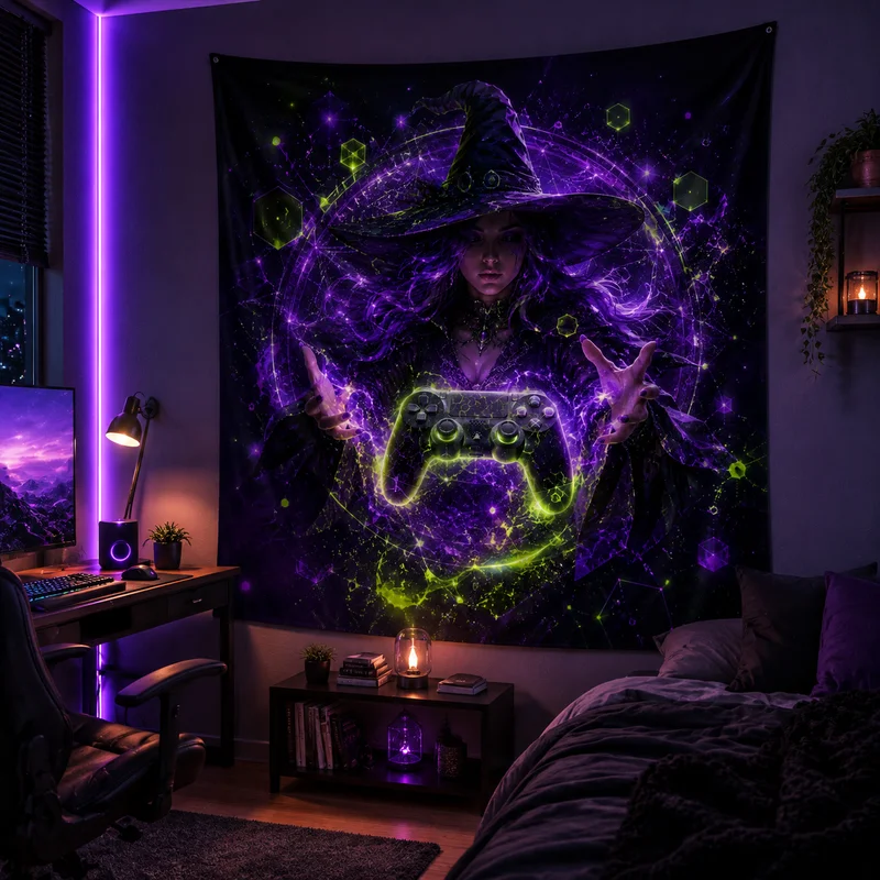VIKAMA Gaming Controller Tapestry, Neon-Style Arcade Starry Sky Wall Hanging, Cool and Trendy Home Decor for Boys' Bedrooms
