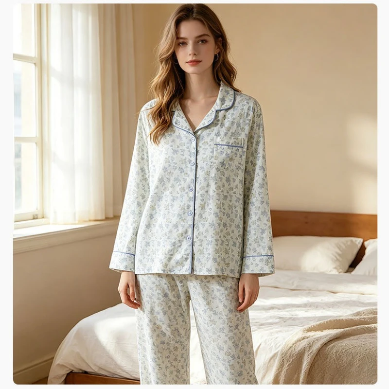 Women's Premium 100% Pure Cotton Pajama Set. Vintage Floral Long Sleeve Button-Down Sleepwear with Elegant Piping Detail.