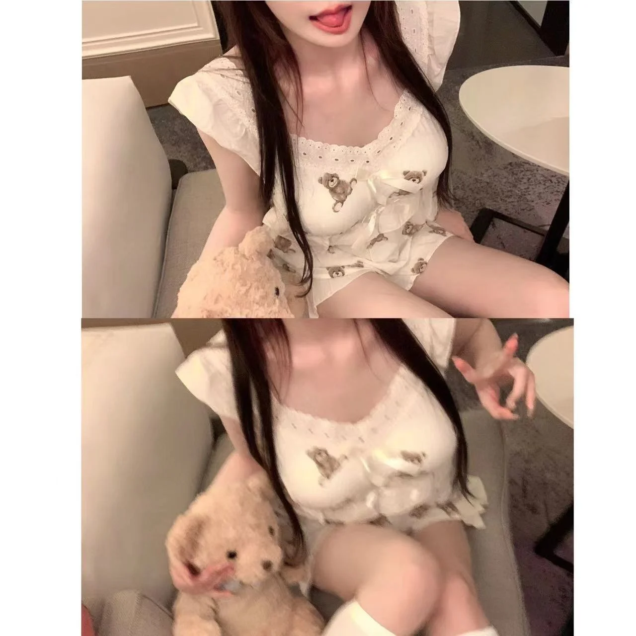 

Summer Women's Spwear Set with Chest Pad Lace Trimmed Bear Print Cute Home Clothes ort Sve V-Ne Vest Sle