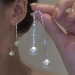 Korean Fashion Fairy Long Crystal Pearl Earrings For Women Jewelry 2026 Trending Luxury Zircon Women's Tassel Drop Earrings JN9