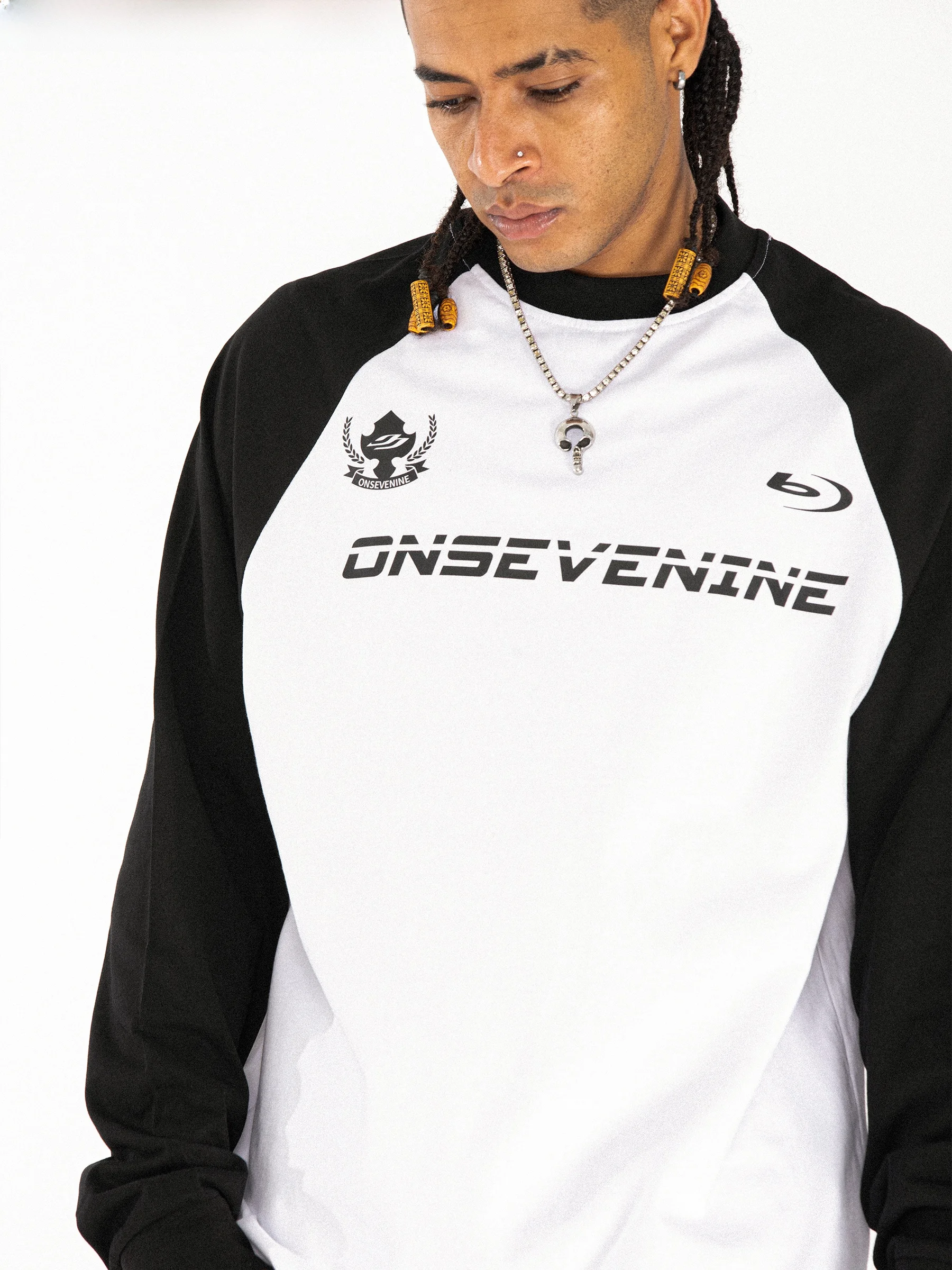 Onesevenine American Style Long Sleeve T-Shirt Pure Cotton Shoulder Insertion Men's Heavyweight Patchwork Crew Neck Top
