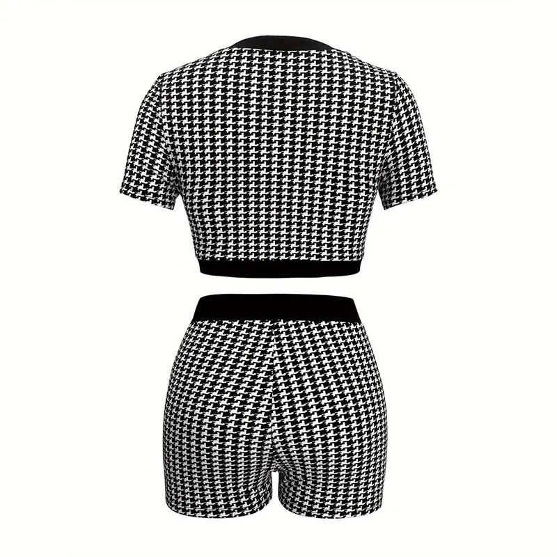 2 Piece Set Street Vintage Pleated Houndstooth Print For Women Short Sleeve Shirt Blouse and Shorts Suit INS Outfit Tracksuit image 5