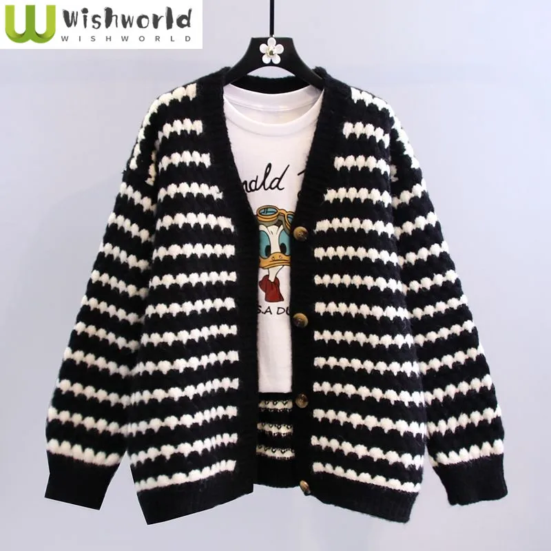 

Retro Striped Sweater Jacket Women's Autumn and Winter New Korean Version Loose and Age Reducing V-neck Knitted Cardigan