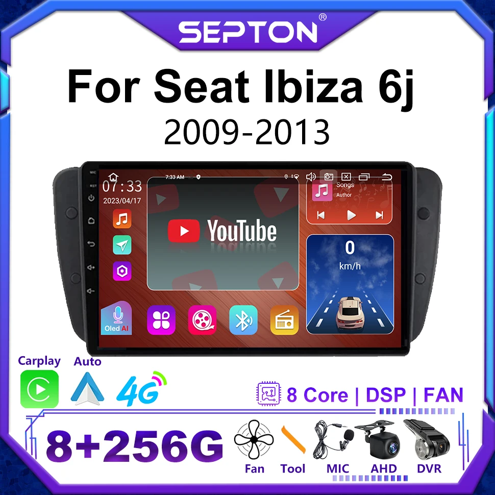 

SEPTON Car Stereo Radio Android 12 for Seat Ibiza 6j 2009-2013 Navi Screen Audio Multimedia Video Player GPS 4G 2 Din Carplay